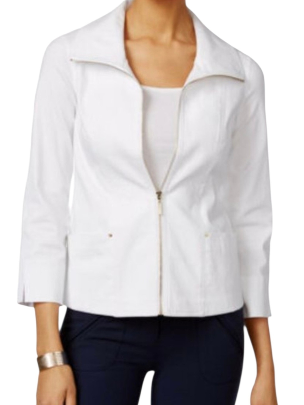 JM Collection White Stretch Zip Front Jacket 12 Zipper 3/4 Slv Nautical Golfcore